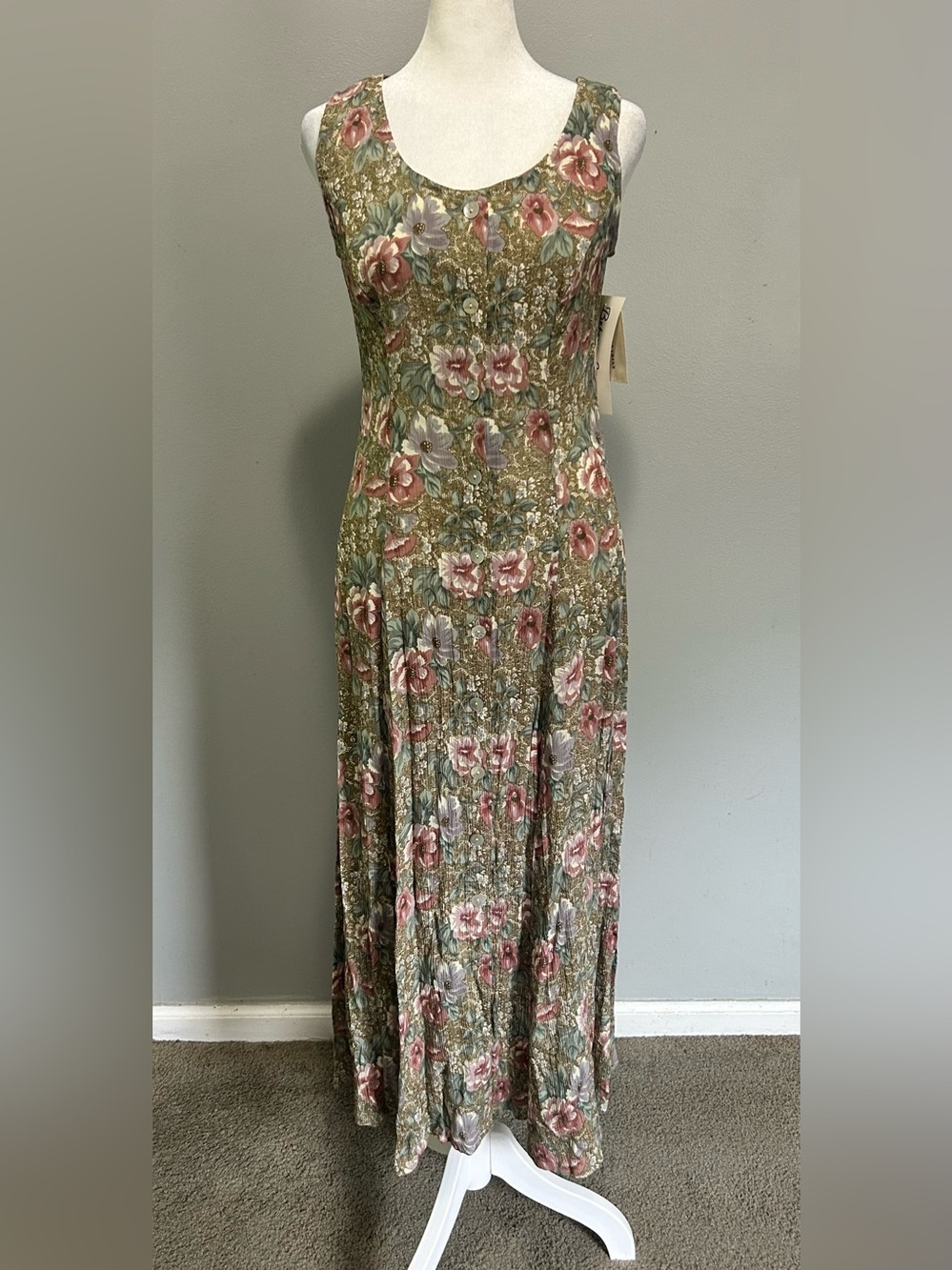 Vintage Sleeveless Floral Maxi Dress Olive Rose Button Up Smocked Cottagecore